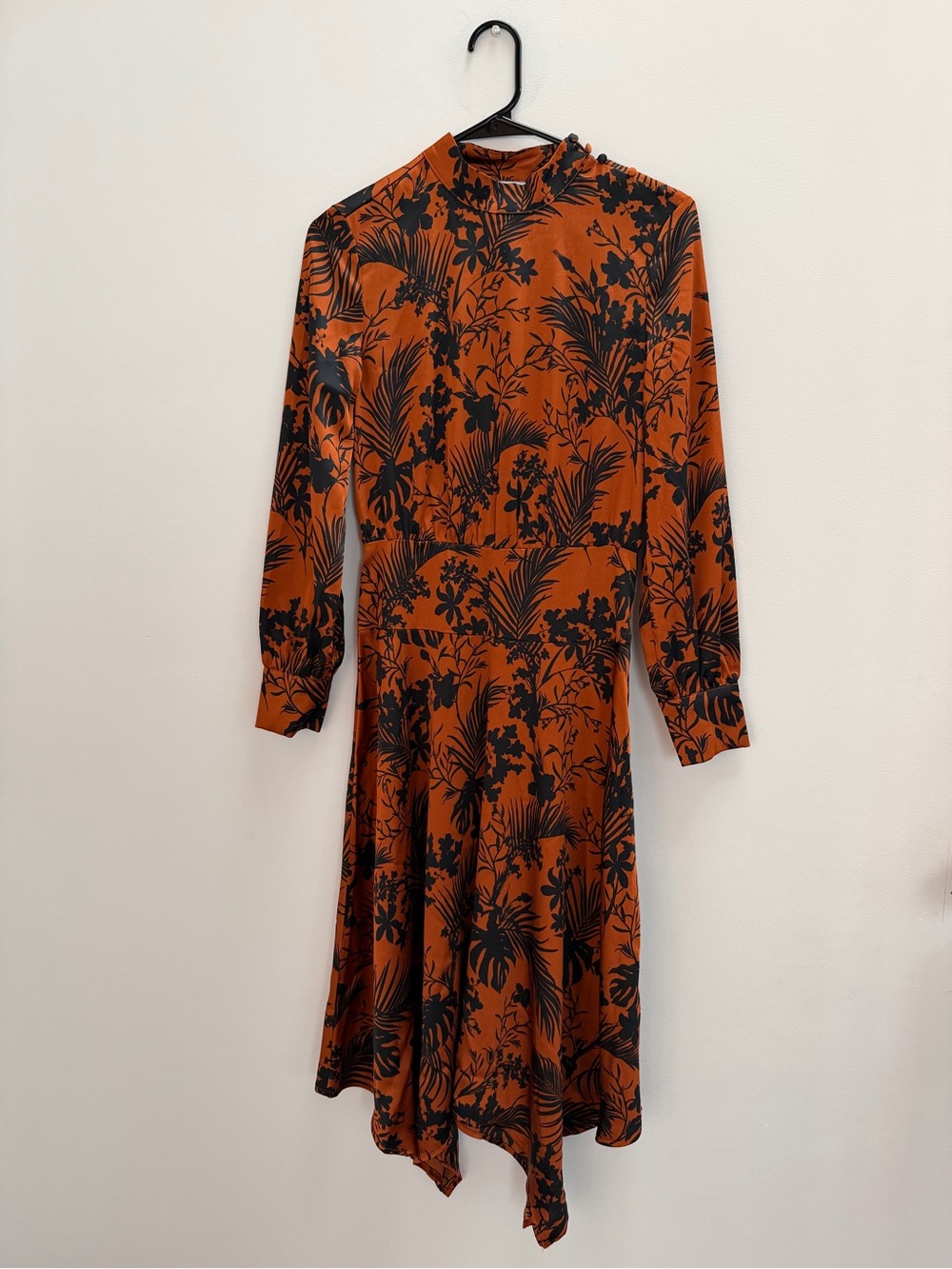 Long Sleeve Floral Midi Dress in Rust and Black